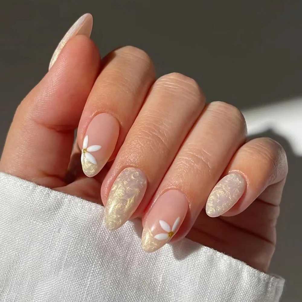 24 pieces of gold French fake nail press wearable simple nude design long almond finished fake nail set manual tip dataW250120