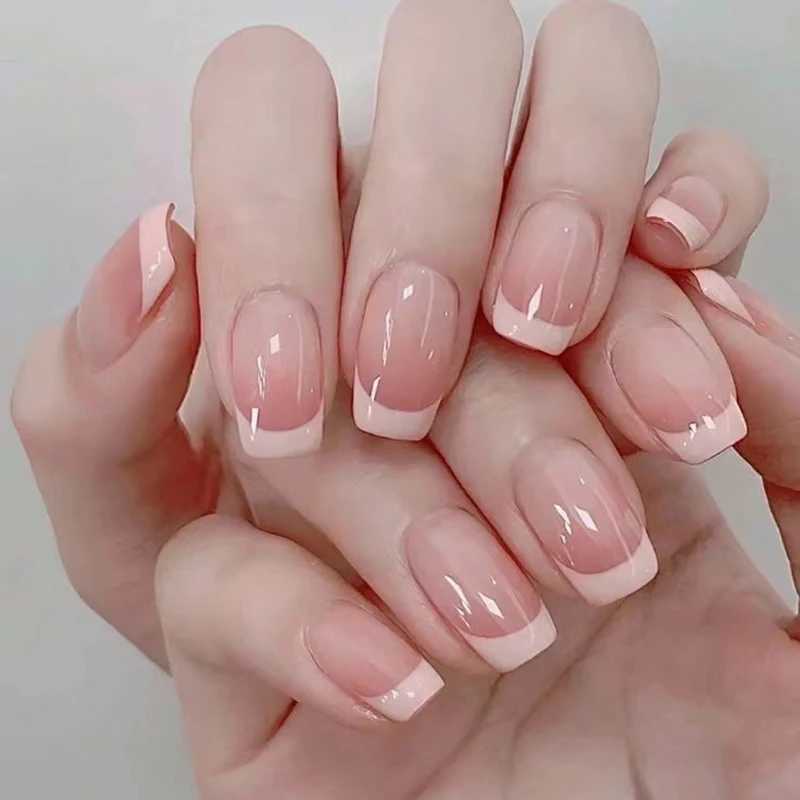 24 pieces of short French jelly pink full set fake nails pressed on nails girl gift fake nails art nail tipsW250120