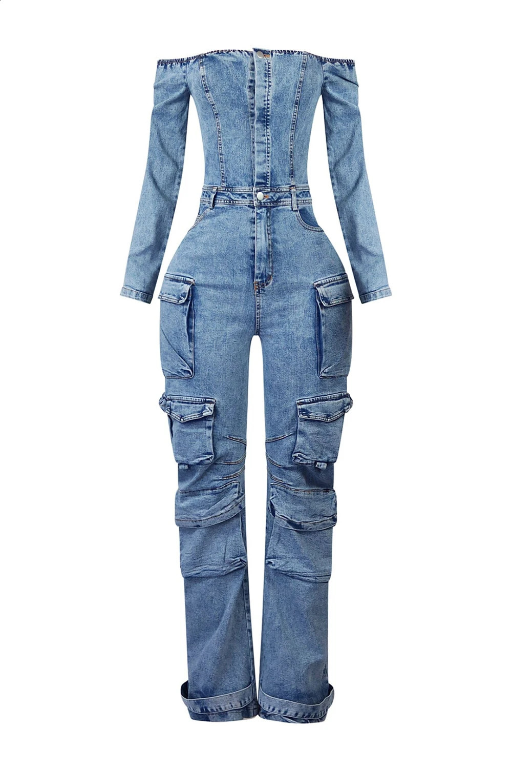 Plus Size Daily Blue Off The Shoulder Long Sleeve Pocket Cargo Denim Jumpsuits 250122