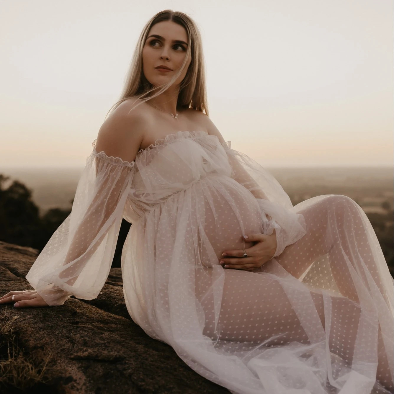 See Through Dot Tulle Maternity Po Shooting Long Dress Offthe Shoulder For Pregnant Woman Pography Props 250114z