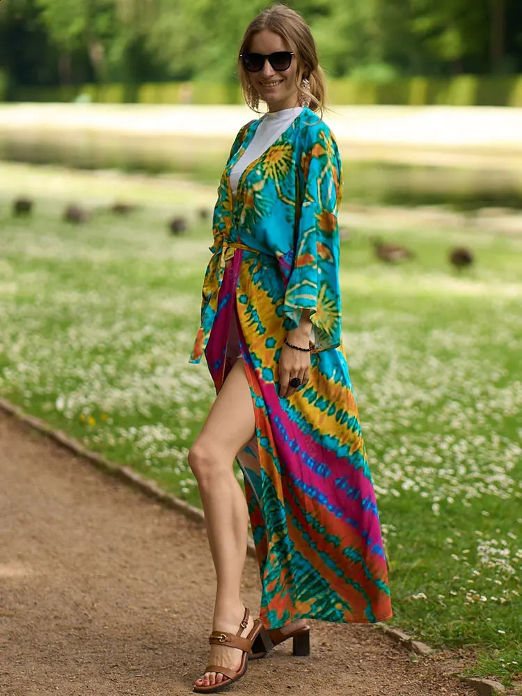 2024 Boho Printed Long Sleeve Belt Kimono Beach Dres Casual Tunic Beachwear Bathing Suit Coverups beach sail Q1451 250122