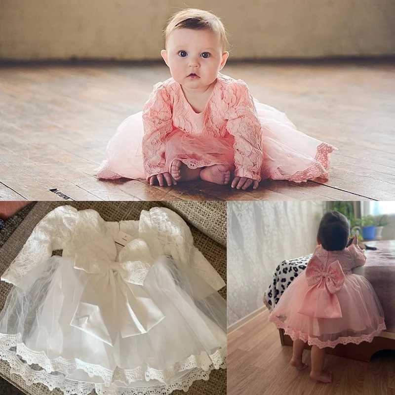 Baby Girls Princess Dress Long Sleeve 1st Year Birthday Dress White Lace Infant Gown Christening Party Newborn Baptism Clothes X250203
