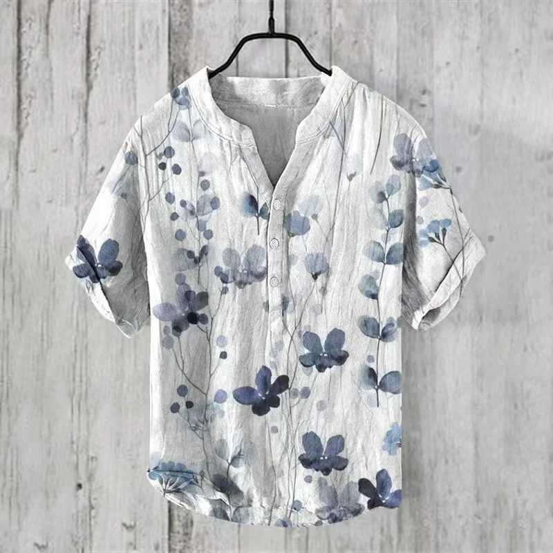2024 New 100% Linen Shirt HD Pattern Plus Size Crane Fish Landscape Painting Shirt Hawaiian Mens Linen V-neck Mens T-shirtXJ250121
