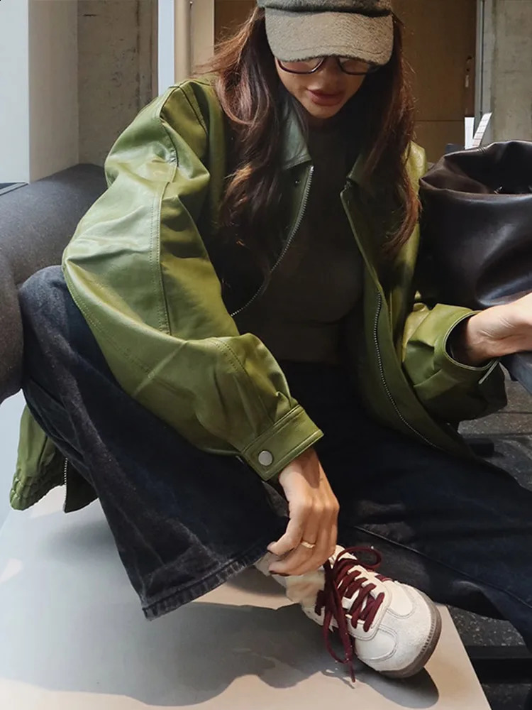 Green PU Leather Womens Coat Fashion Full Sleeve Zipper Lapel Female Coats Winter Single Breasted Street Lady Outwear 250122