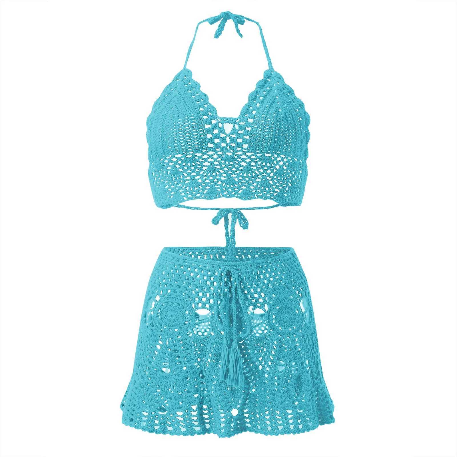 Womens Crocheted Hollowed Out Swimsuit Two Piece Suits Summer Solid Color Lace Up Sexy Versatile Bikini Sets Beach WearXJ250120