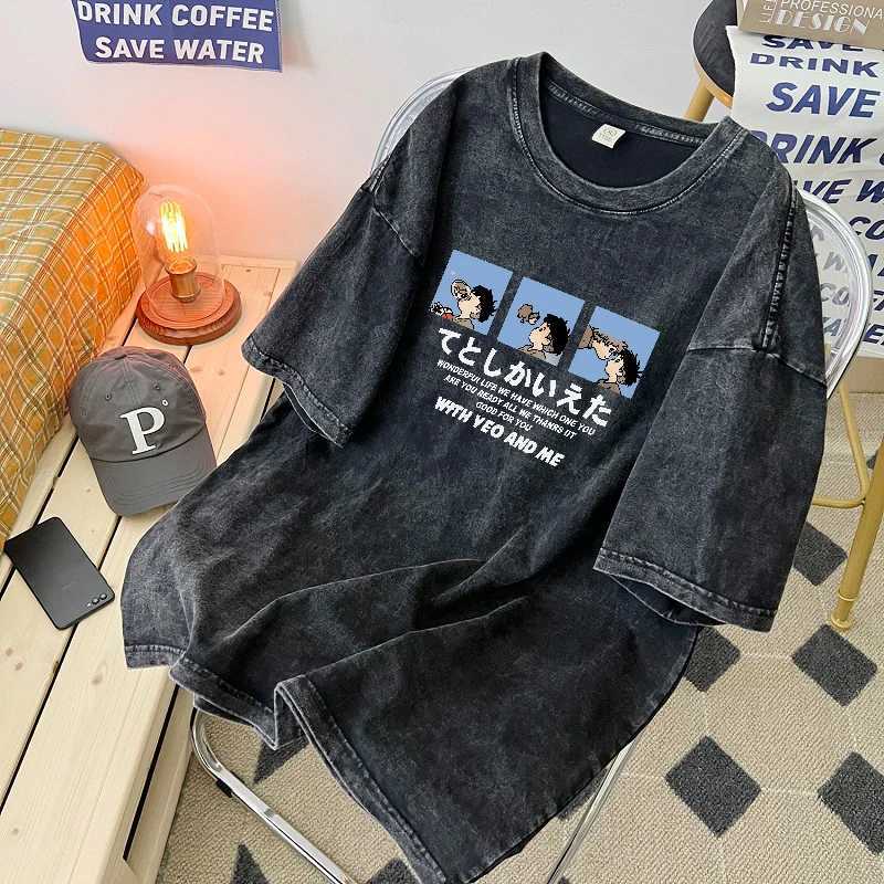 American Wash Mens Short-sleeved T-shirt Summer Vintage To Do Old Couple Jacket Ins Hip Hop Half-sleeved T-shirt X250203
