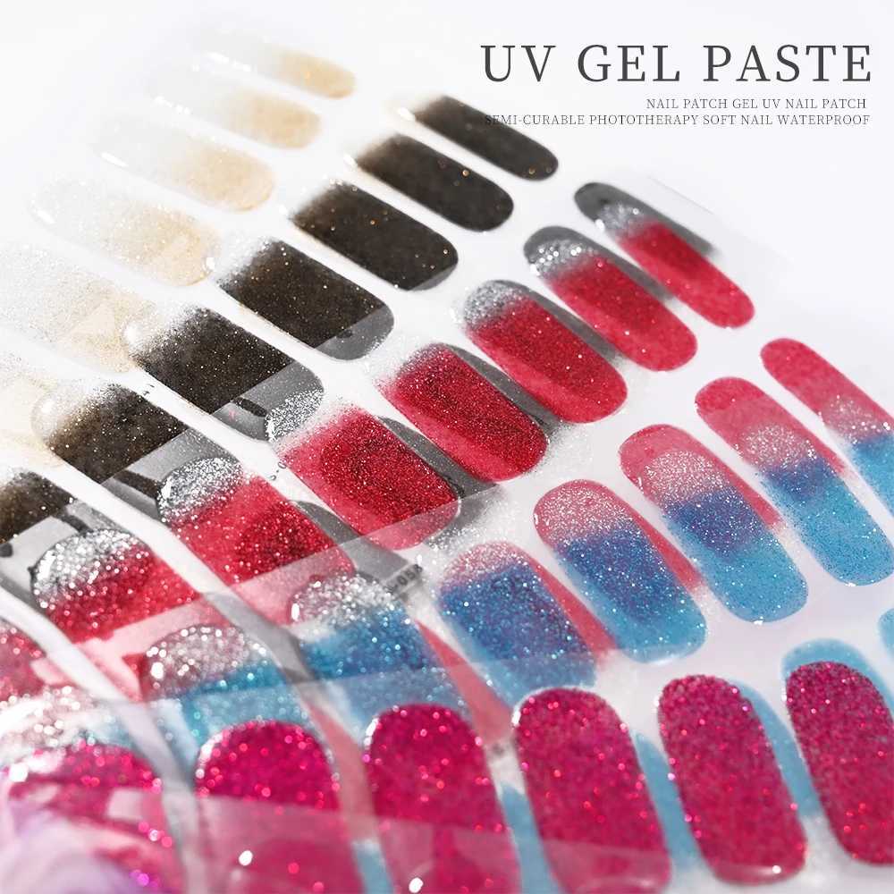 16Tips UV Semi-Cured Gel Nail Art Stickers Glitter High-Gloss Water-Proof Polish Wraps Full Cover Manicure Press On Nails PatchXJ250120