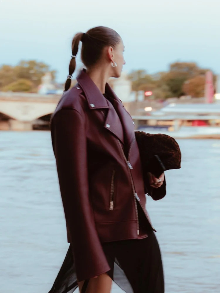 Women Solid Leather Double Zipper Motorcycle Jacket Fashion Loose Lapel Long Sleeved Pu Cropped Coats Autumn Female Streetwear 250122