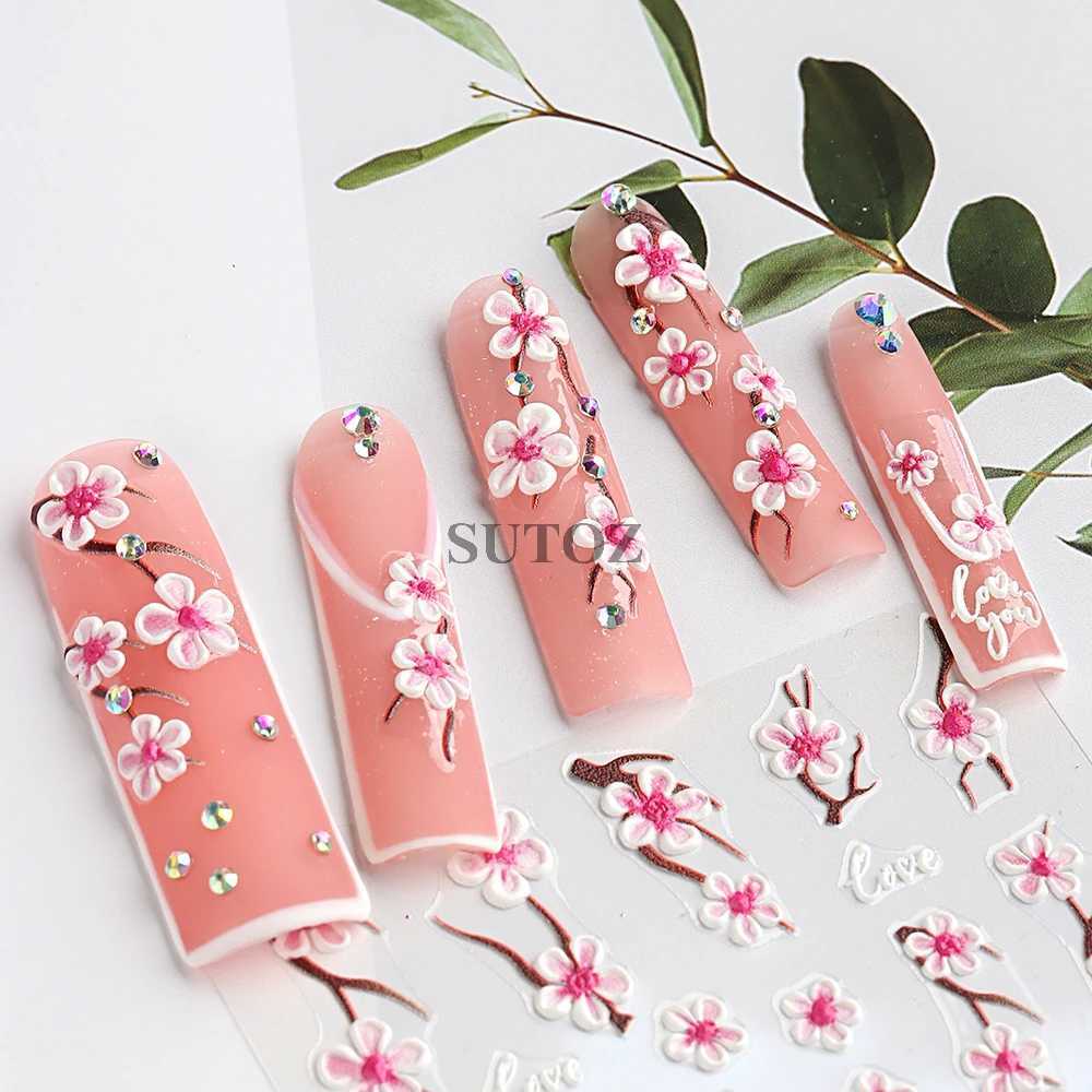 5D Cherry Blossom Nail Stickers Pink Petals Flowers Nail Decors Spring Summer Self-Adhesive Manicure Embossed Decals NLJI5D-105XJ250120