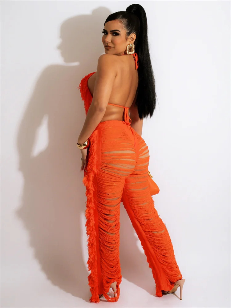 RT Sexy Women Crochet Set Two Pieces Set Halter Backless Top Pants Tassels Knitted 2 Pieces Set Hollow Out Crocheted Beach Set 250122