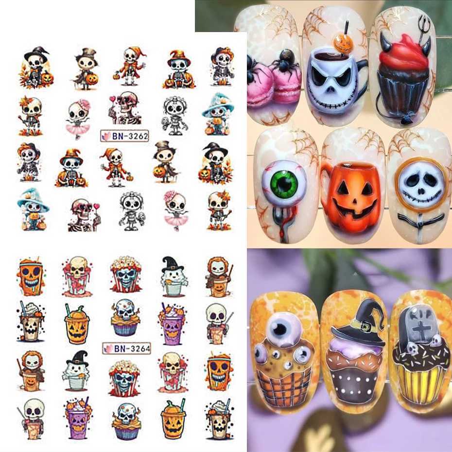 Halloween Pumpkin Ghost Nail Art Stickers Skull Evil Ghost Cat Water Decal Slider Bat Cute Eyes Manicure Tattoo DecorationXJ250120