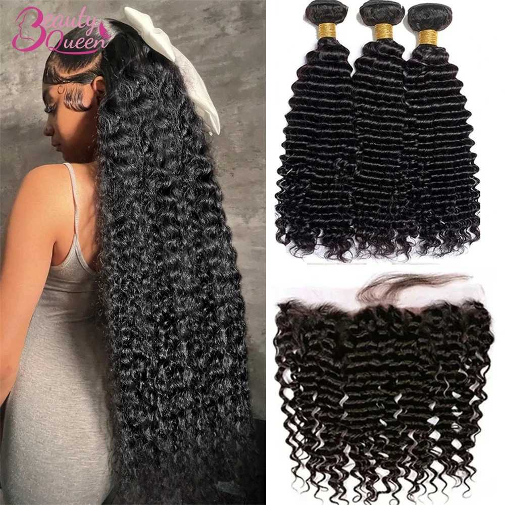 Deep Wave Human Hair Bundles With 13x4 HD Lace Frontal With Curly Hair Extensions Brazilian Weave Bundles With Frontal for WomenXJ250120