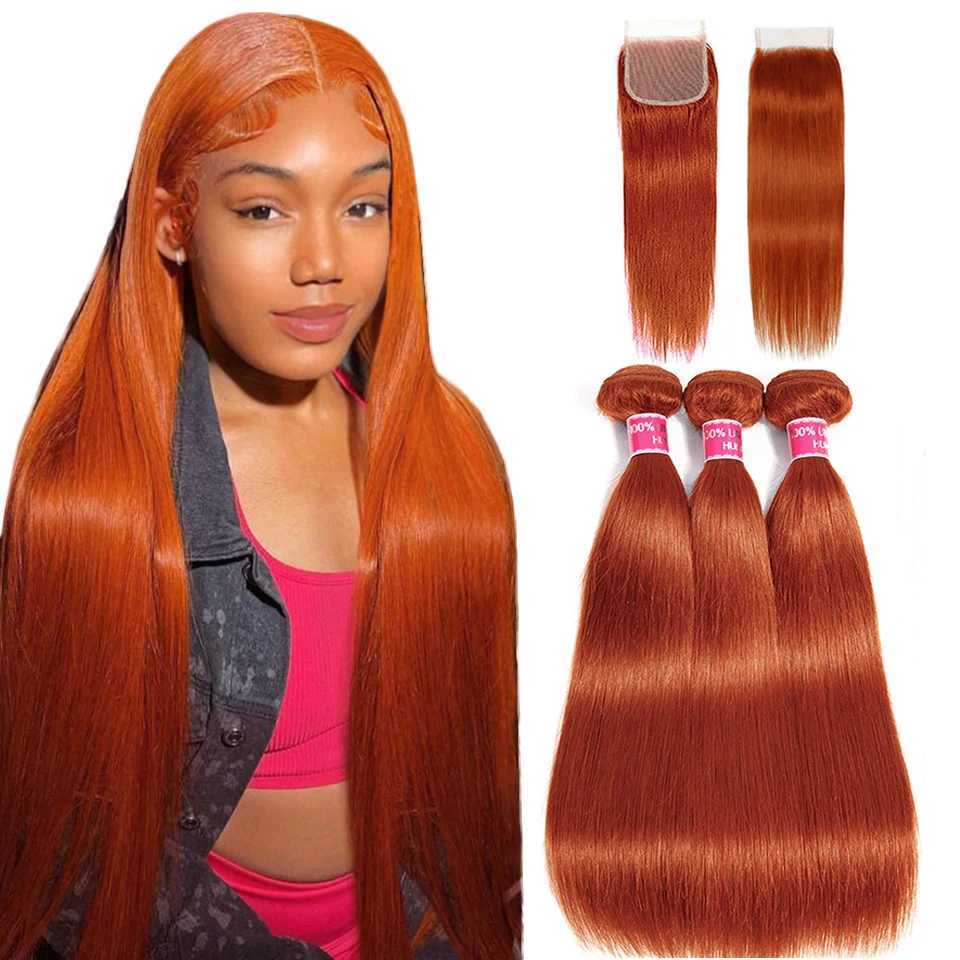 350 Straight Hair Bundles With Clo Orange Ginger Straight Human Hair Bundle With 4x4 Clo Brazilian Remy Human Hair WeaveXJ250120