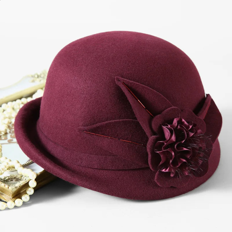 Women Winter 100% Wool Hat Mother Warm Felt Fedora Female Party Formal Asymmetric Cloche Cap 250118