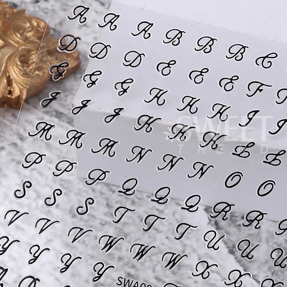3D Metallic English Nail Stickers Black White Gold Silver Art Letter Alphabet Self-adhesive Holographic Slider Nail DecorationXJ250120