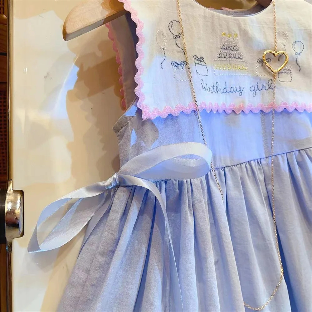 Girls Casual Dresses Summer Blue Dress Baby Doll Collar Vest Round Fashion Simple Childrens Clothing Lovely 250117