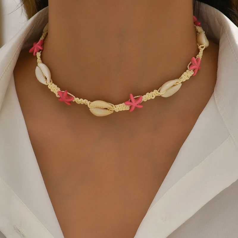 Kiss Jewelry Bohemian Summer Beach Shell Choker Necklace for Women Pink Starfish Seashell Weave Rope Chain Necklace Collar GiftXJ250121