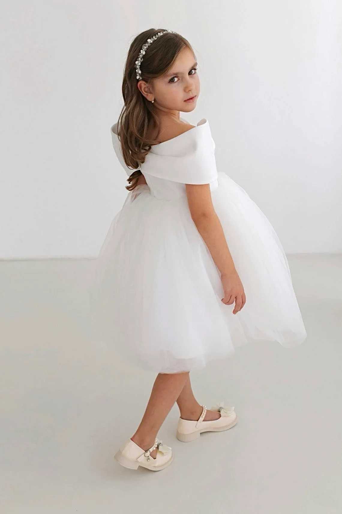 White shoulder flower girl wedding dress princess chiffon birthday party short skirt first communion baptismal dress X250203