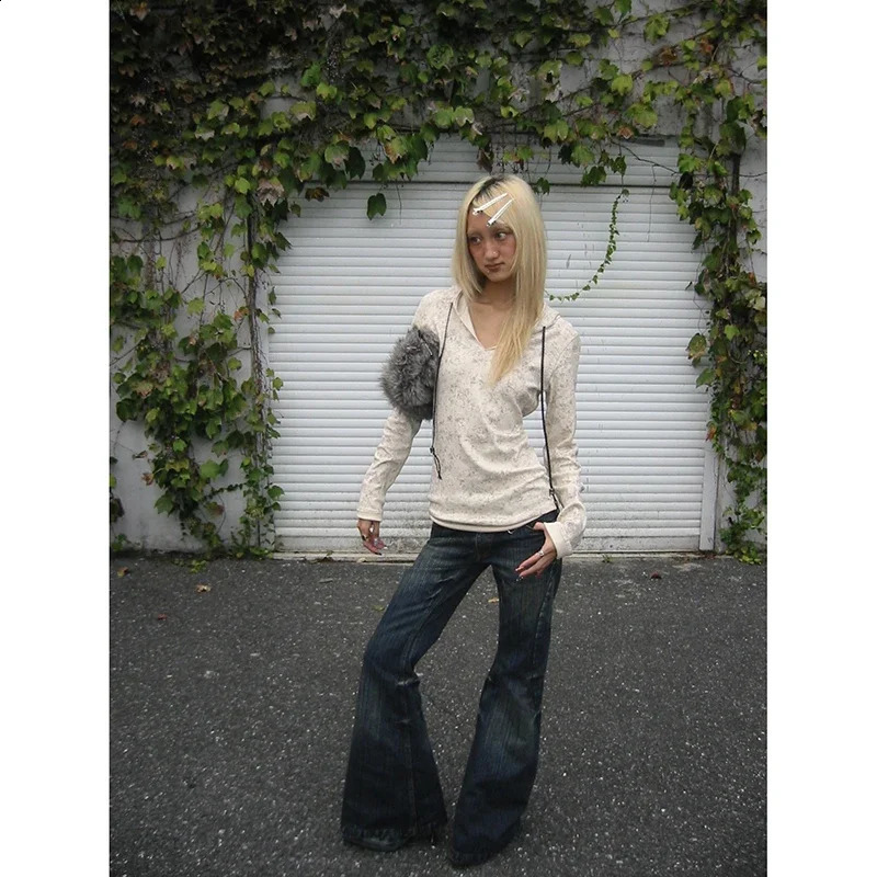 Harajuku vintage Slim Street Style Retro Y2K High Waisted Flare Jeans for Women Spring Washed Blue Versatile Sweatpants 250118