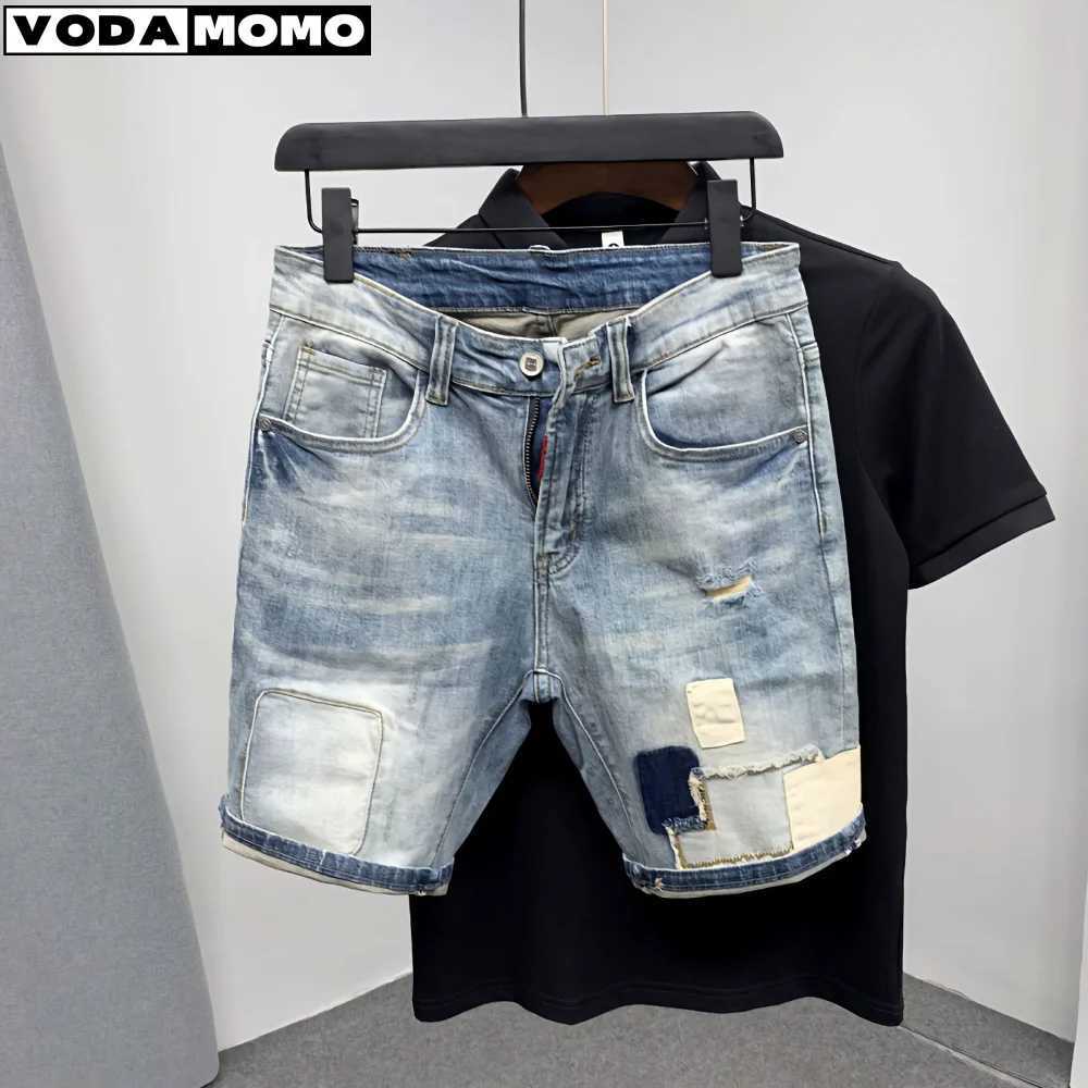 New mens denim shorts with perforations Korean style straight quarter patch casual jeans Bermuda mens clothing X250203