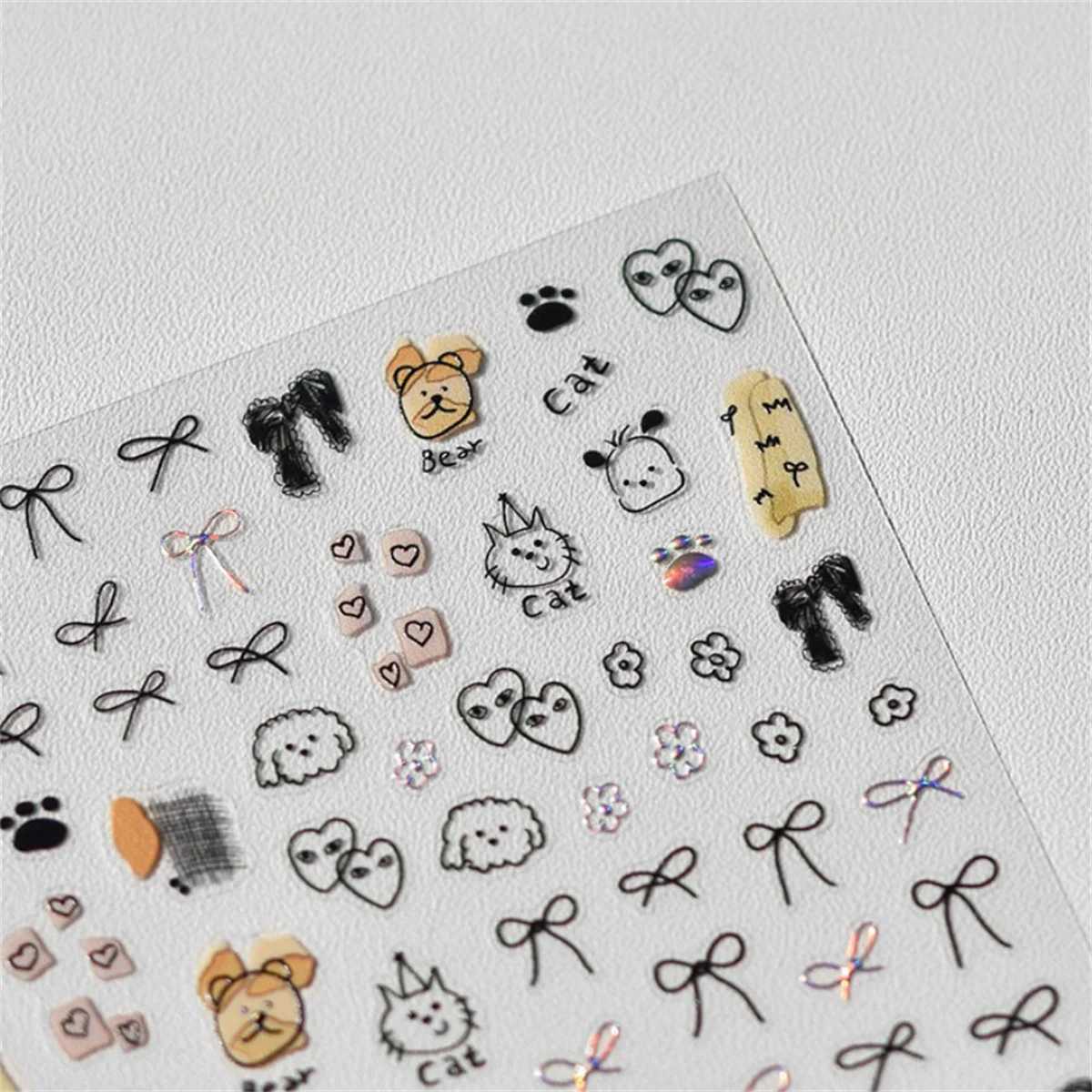 1pcs Cute Sketching Graffiti Animal Cat Dog Rabbit Bear Laser Nail Art Sticker Designs Self Adhesive Decoration Decal AcessoriesXJ250120