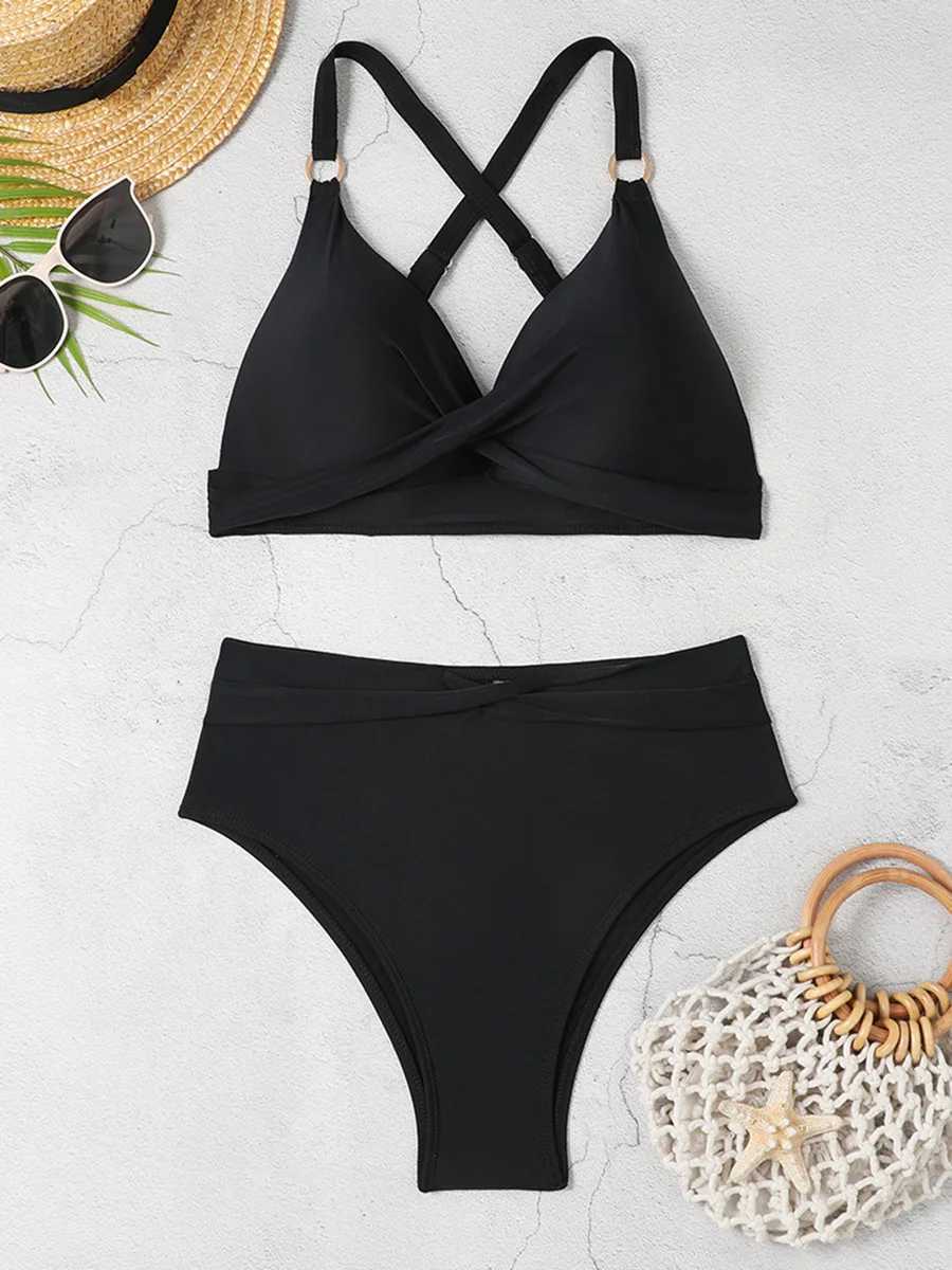 2024 Cross Ring Link Two Piece High Waist Bikini Women Swimwear Fe Swimsuit Bathers Bathing Swimming Suit Beachwear SummerXJ250120