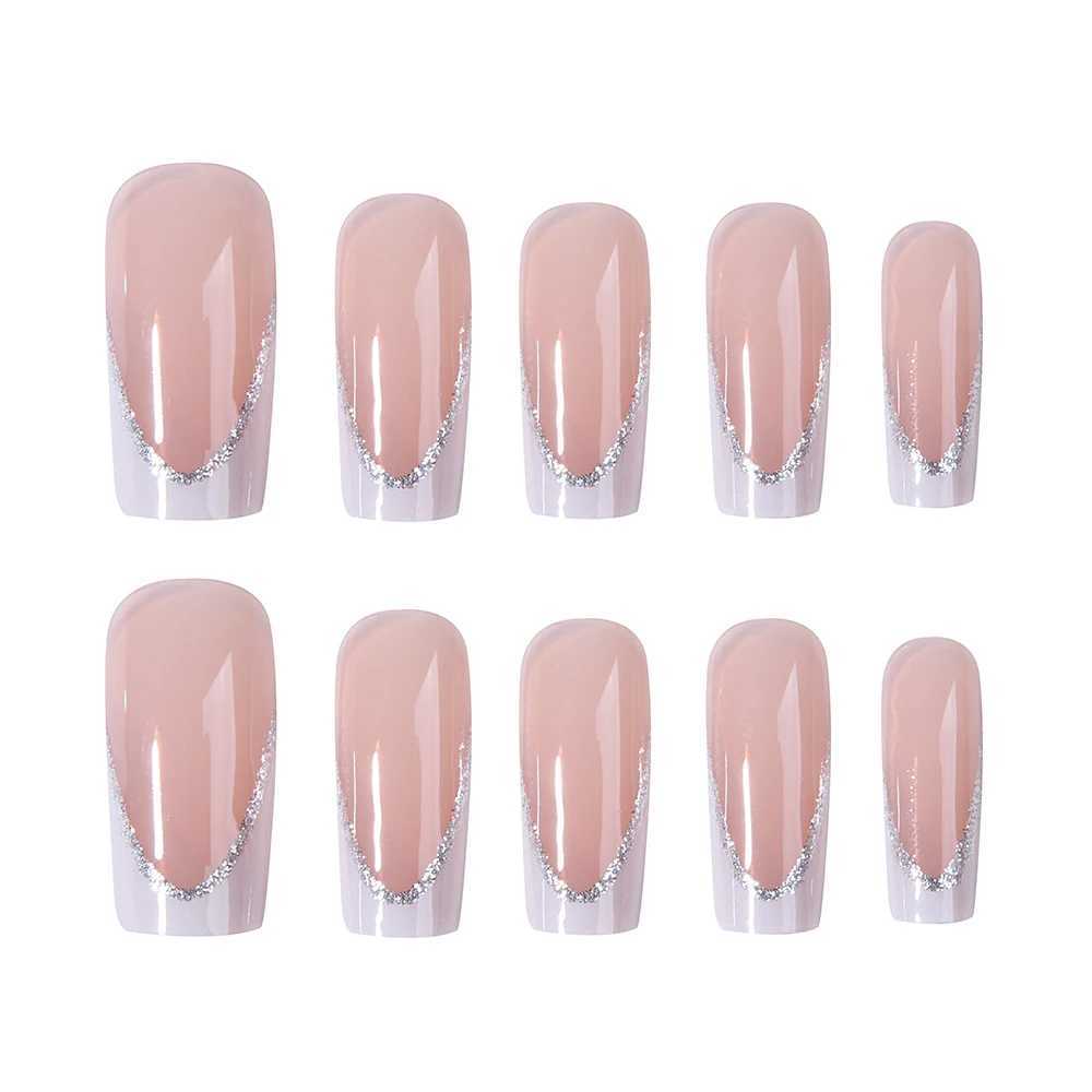 Medium length square nail - Solid color flash white French simple press nail Detachable fake nail acrylic nail24pcs/W250120