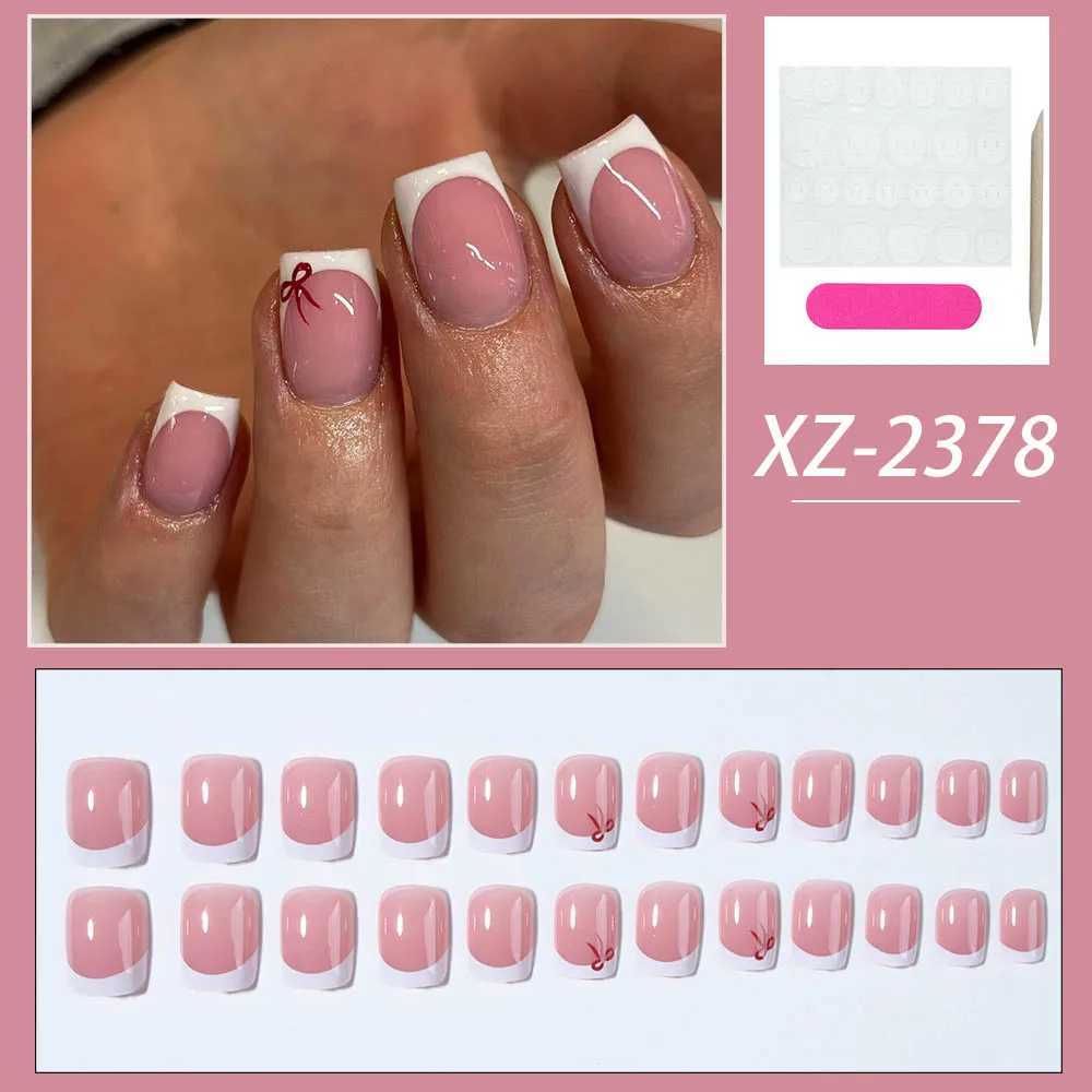 24pcs short square press nails simple white French nails with bow trim short coffin shaped fake nails for women and girls incW250120