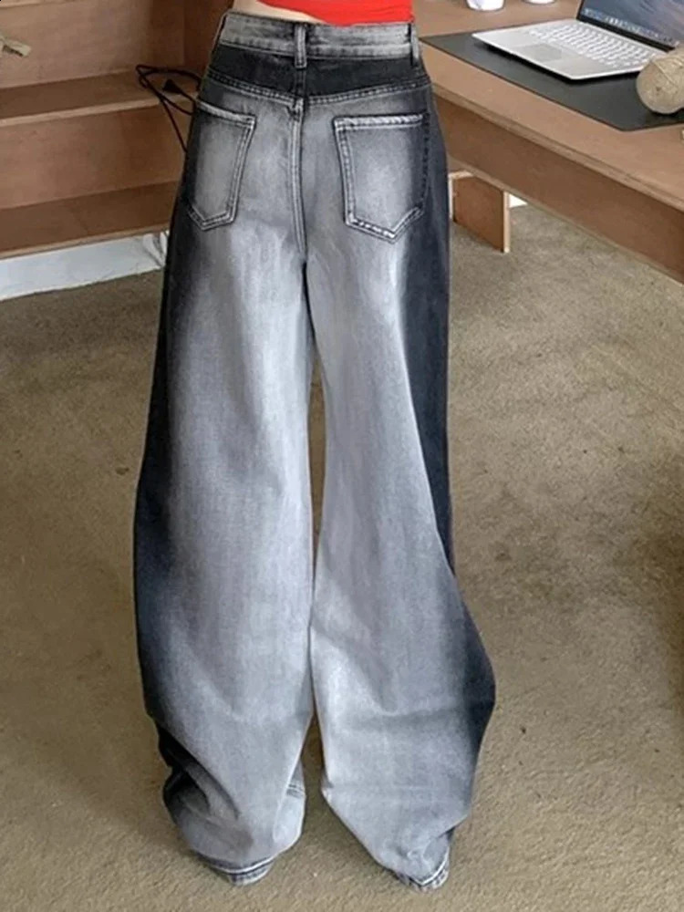 Women High Waist Slim Fit Wide Leg Jeans Girls Street Denim Straight Pants Female Black White Gradient Loose Trousers 250122