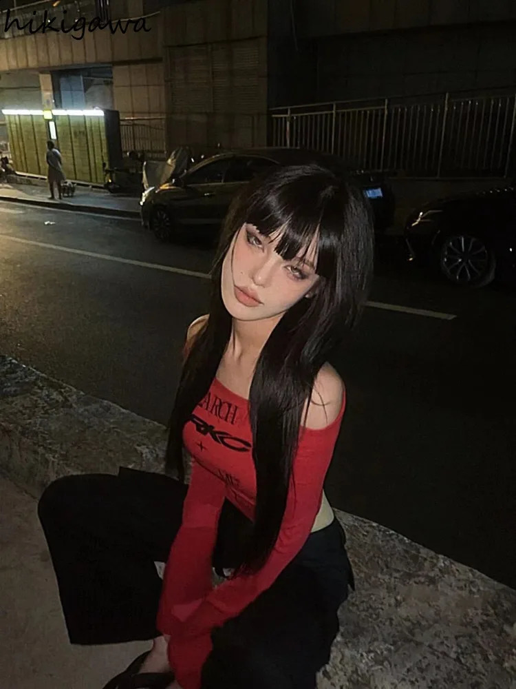 Red Sexy T Shirts Women Clothing Long Sleeve Slash Neck Tees Y2k Tops Letter Crop Tshirt Bandage Tunic T-shirts Ropa Mujer 250122