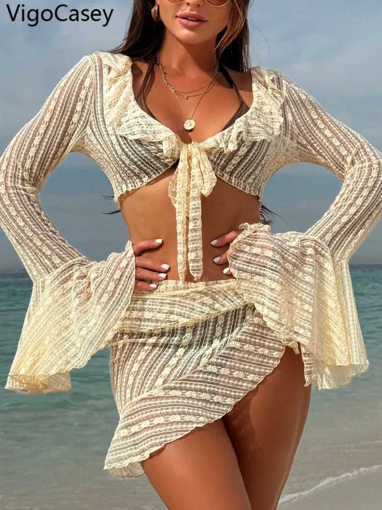 VigoCasey Sexy Solid 4 Piece Mesh Cove Up Bikini Set Swimwear Women 2025 Tied Halter Push Up Swimsuit Lady Beach Bathing SuitXJ250120