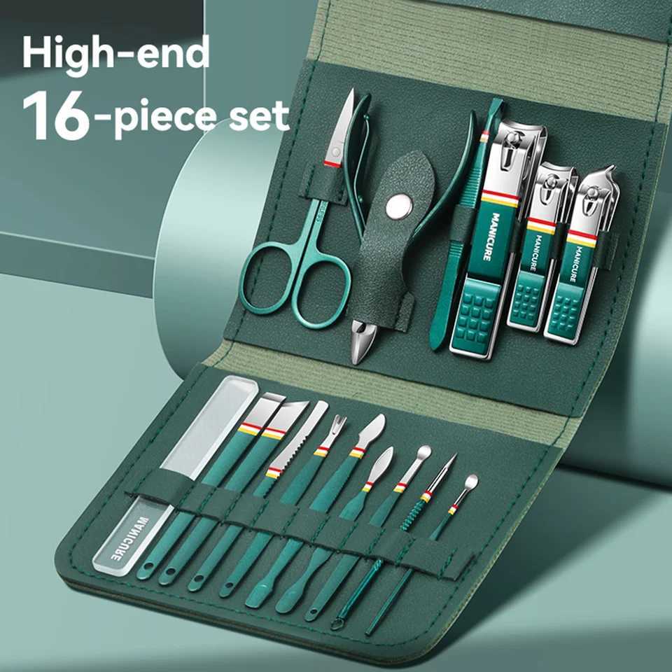 16 Deluxe Nail Care Set - Stainless Steel Clippers Cuticle Nipper Ear Spoon Files with Travel Case - Professional GroomingXJ250116