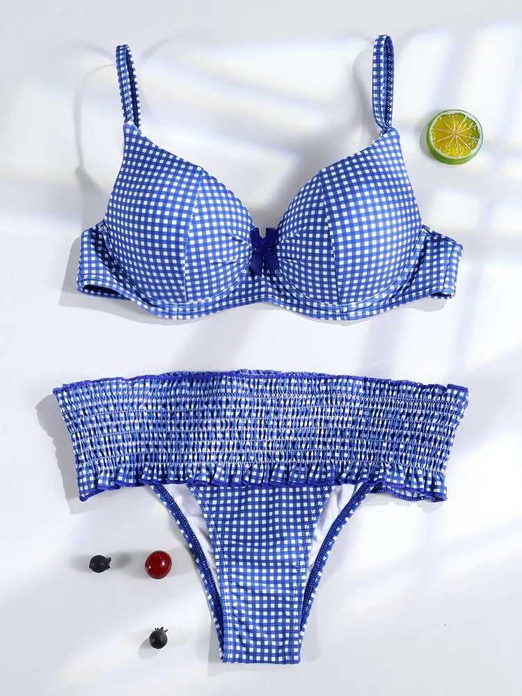 Miyouj Push Up Bikini Set Plaid Print Swimwear Sexy Swimsuit Women String Beachwear Pleated Bathing Suits Ruffle BiquiniXJ250120