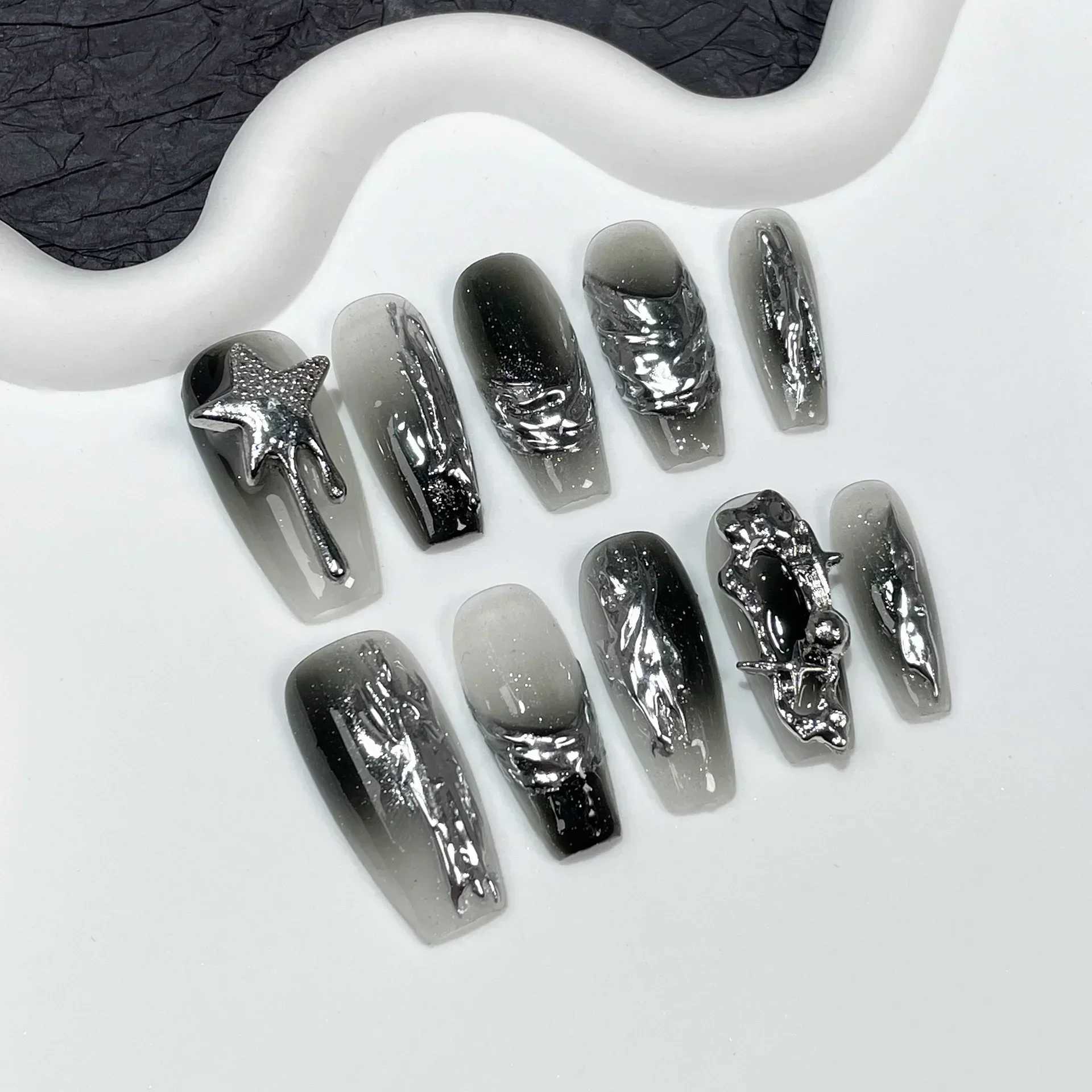 10Pcs Handmade False Nails with Rose Butterfly Rhinestone Design Long Ballet Full Cover Fake Nails Wearable Coffin Press on NailW250120