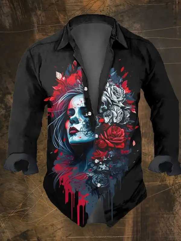 Mens Vintage Dark Skull Print Long Sleeve Shirt - Skull Print Lapel Collar Regular Fit Polyester BlendAll-Season WearXJ250121