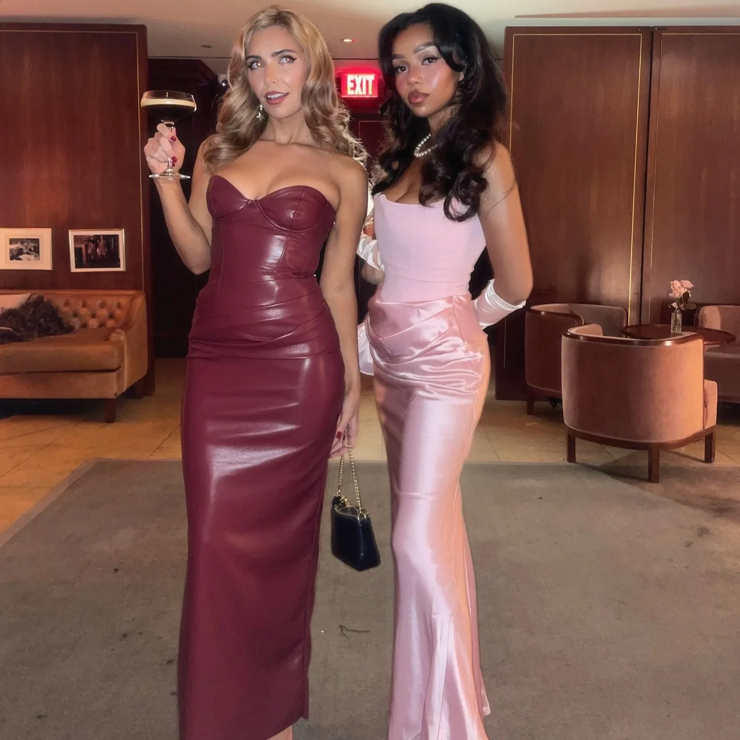 Suninheart Autumn Strapless Party Dresses Arrivals Wine PU Corset Dress Sexy Midi Bodycon Night Event Dress Women 250122