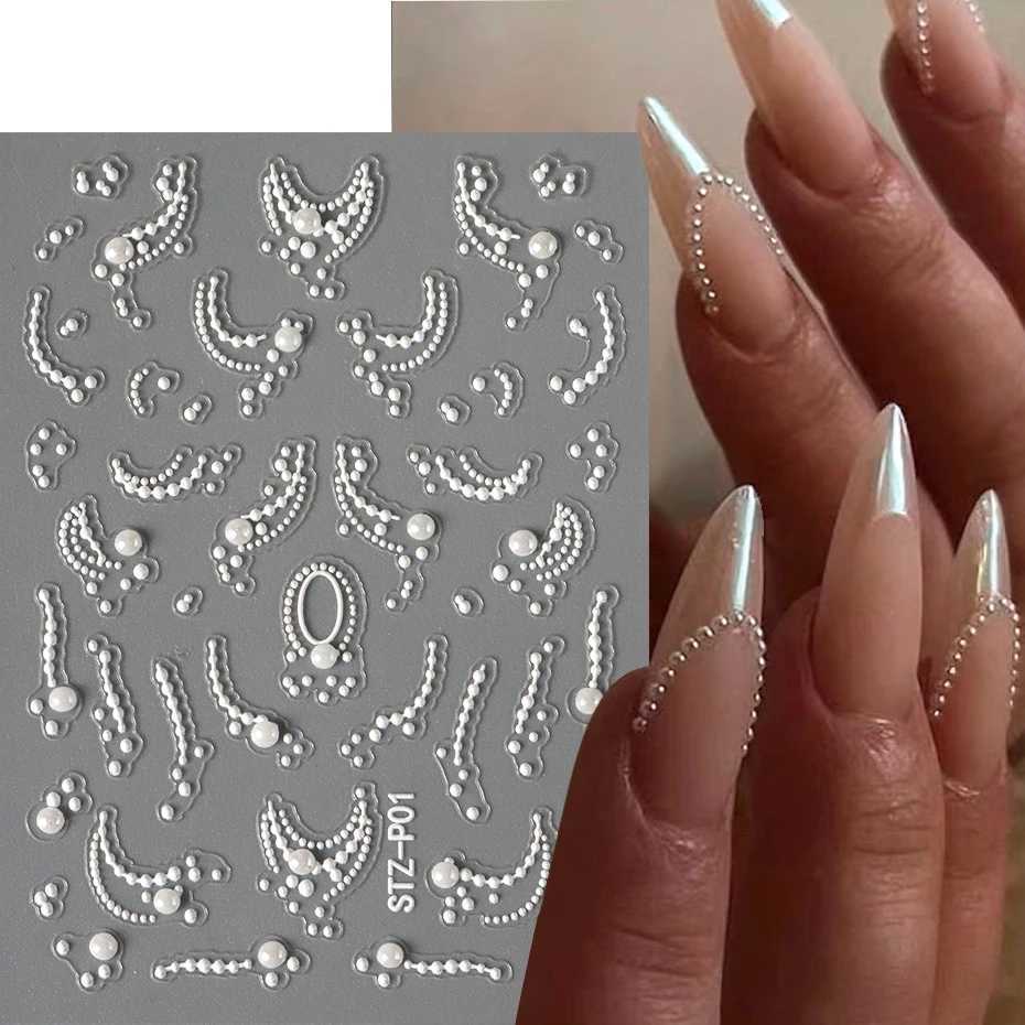 White 5D Pearl Lace Wave Lines Nail Art Stickers Elegant Exquisite Nail Decoration Decals Self Adhesive Transfer Slider ManicureXJ250120