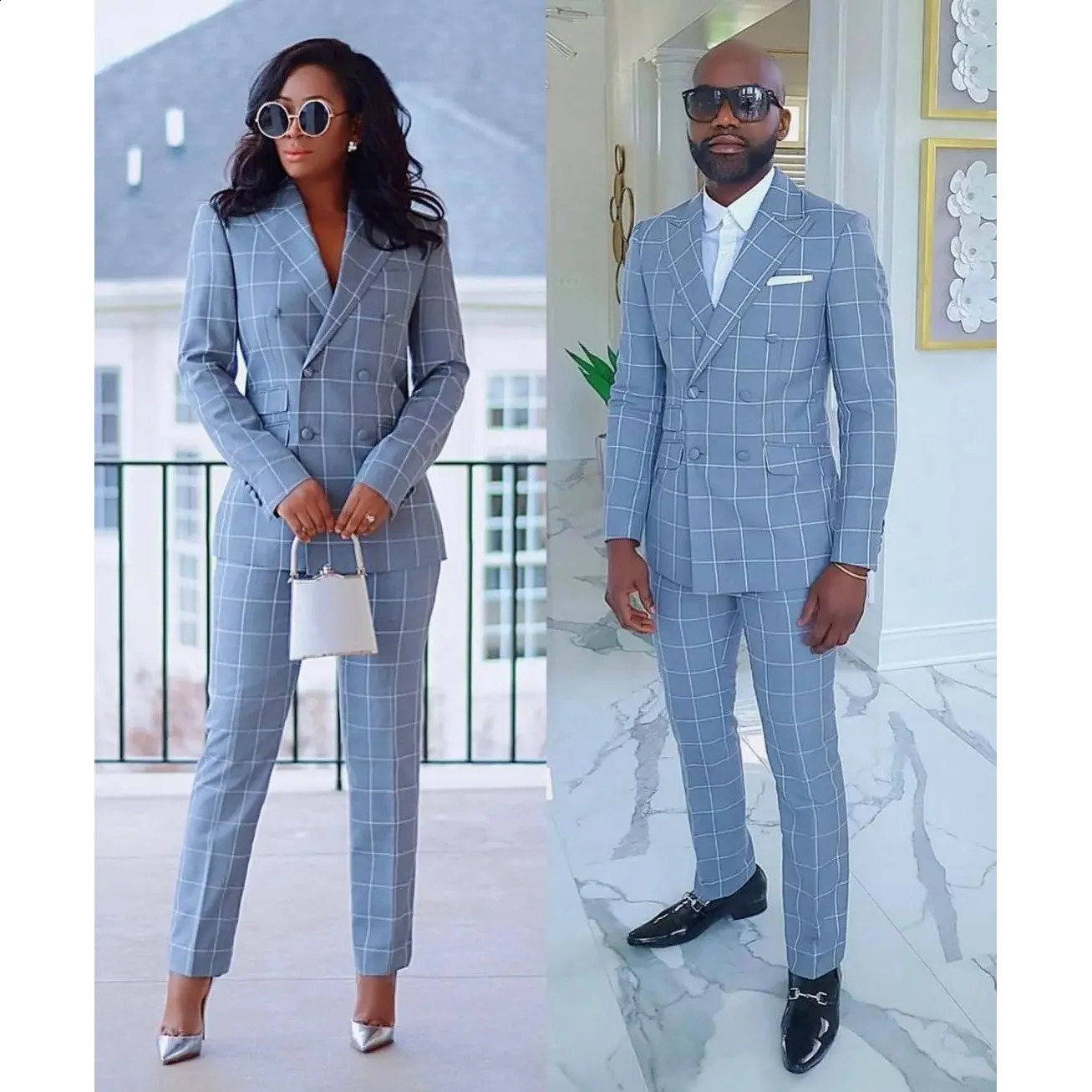 Blue Suits for Couple Plaid Pattern Double Breasted Peaked Lapel Costume Tailor Elegant Clothing Hombres 2 Piece JacketPants 250121