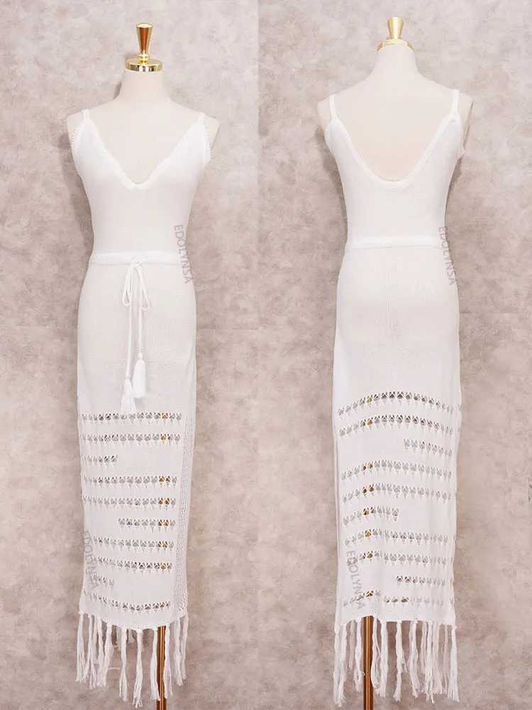 2024 Crochet Lace-up Tassel Bikini Cover-ups Sleeve Loose Summer Beach Dr Women Beachwear Swimsuit Cover Up Sarongs A478 W250120