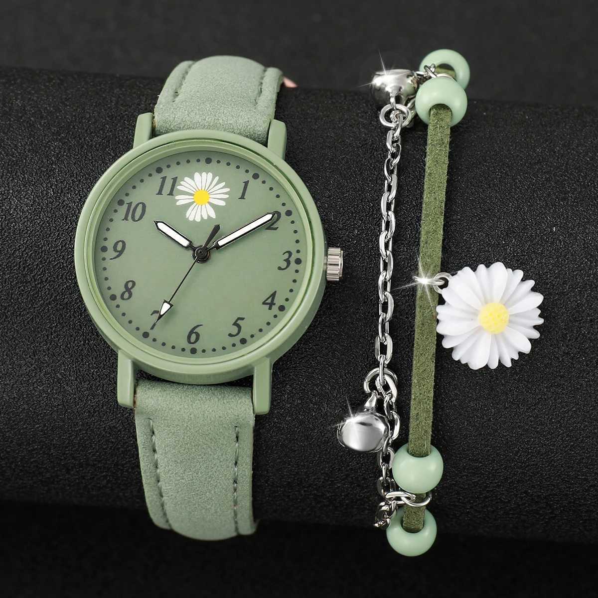 Fashion 2pcsset Wens Daisy Dial Leather WatchGreen Flower Bracelet X250904