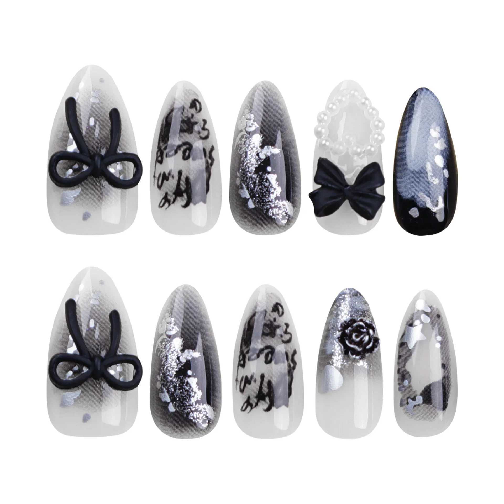 24Pcs Elegant Black Almond Press-On Nail With Heart Bow Accents-Glossy Finish Short Length Removable False Nails For WomenW250120