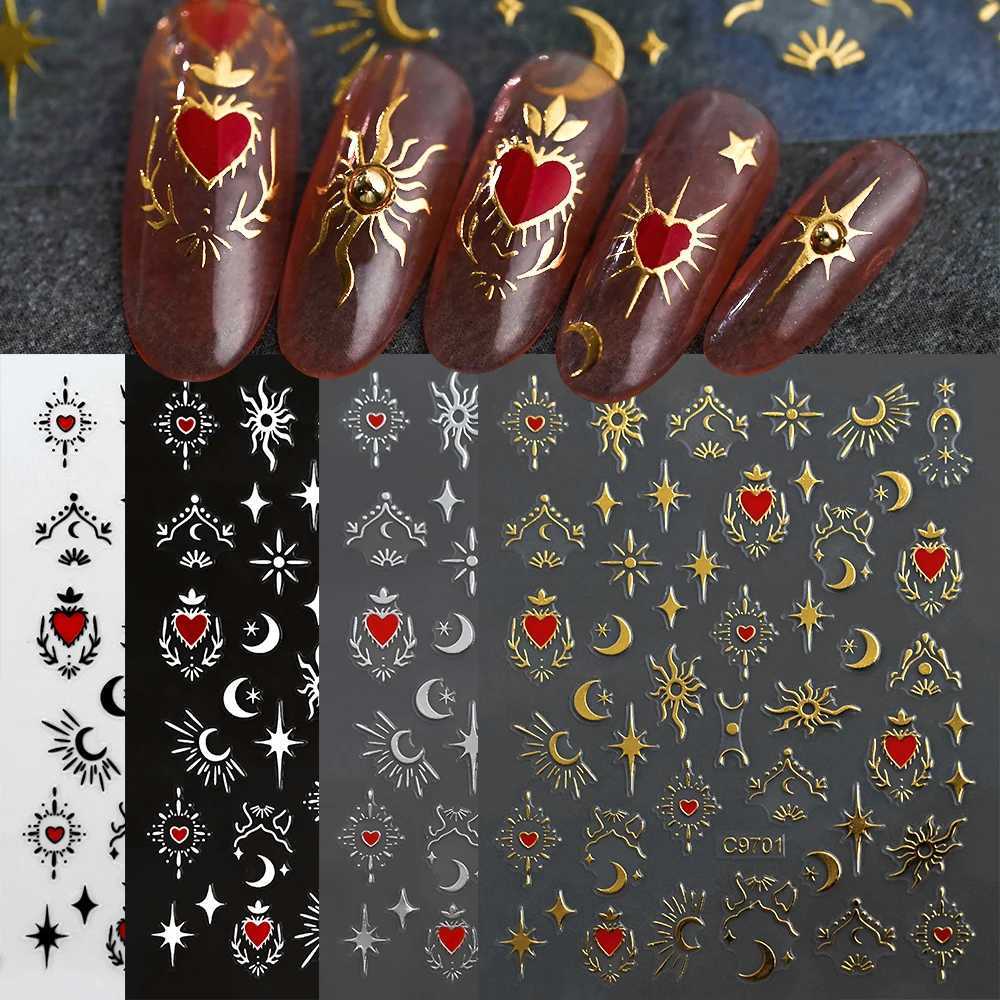 8Pcs Red Heart Nail Stickers 3D Bronzing Silver Gold Heart Shape Star Moon Metal Totem Nail Slider Self-Adhesive DIY Nail Art*XJ250120