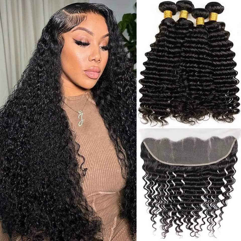 Curly Human Hair Bundles With Frontal Brazilian Deep Wave Bundles With Frontal Human Hair Weave Extensions 3 Bundles Remy HairXJ250120