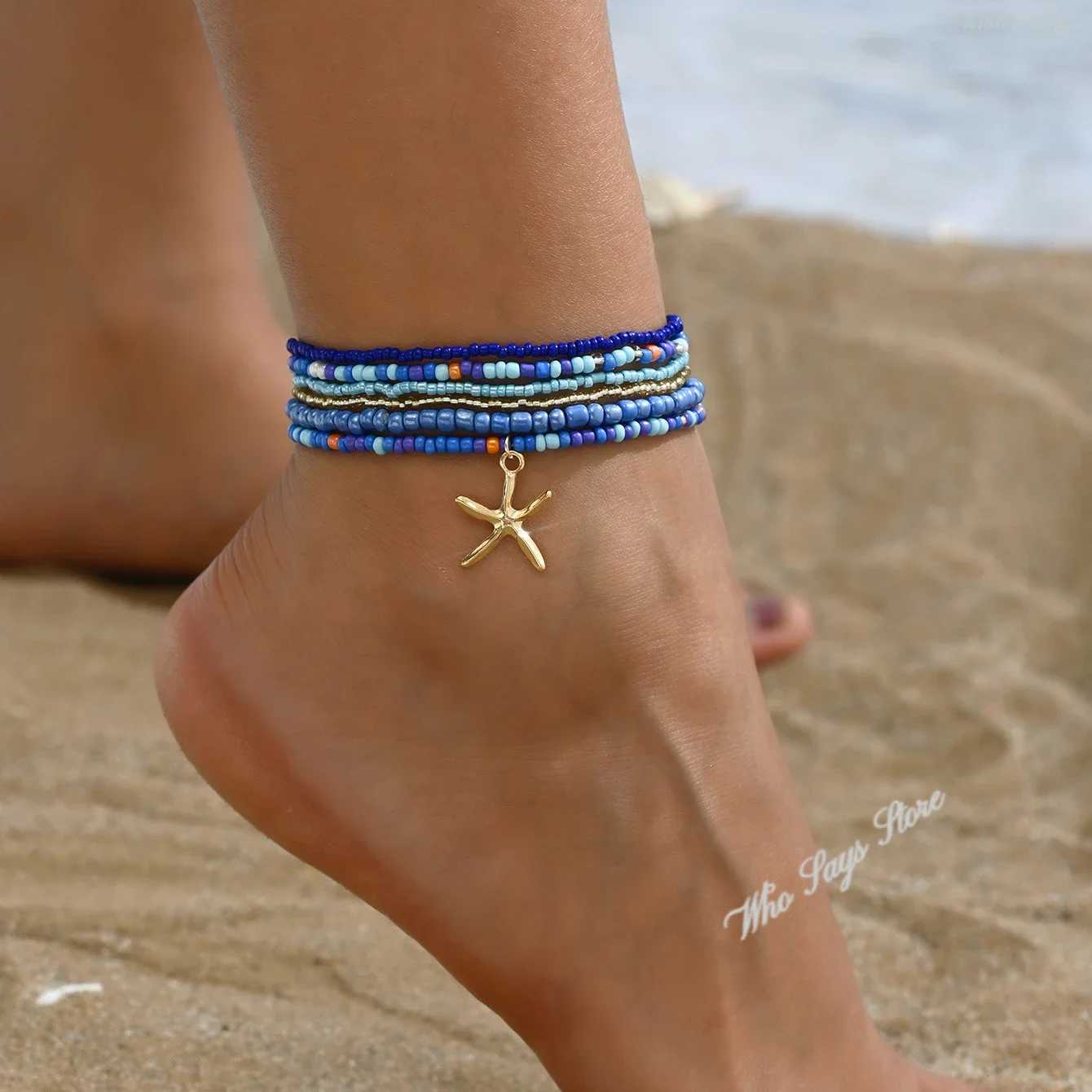 6pcs Colorful Starfish Pendant Anklet for Women R Beads Beaded Summer Fashion Multi-layer Bracelet Anklet Bohemian YhpupXJ250121