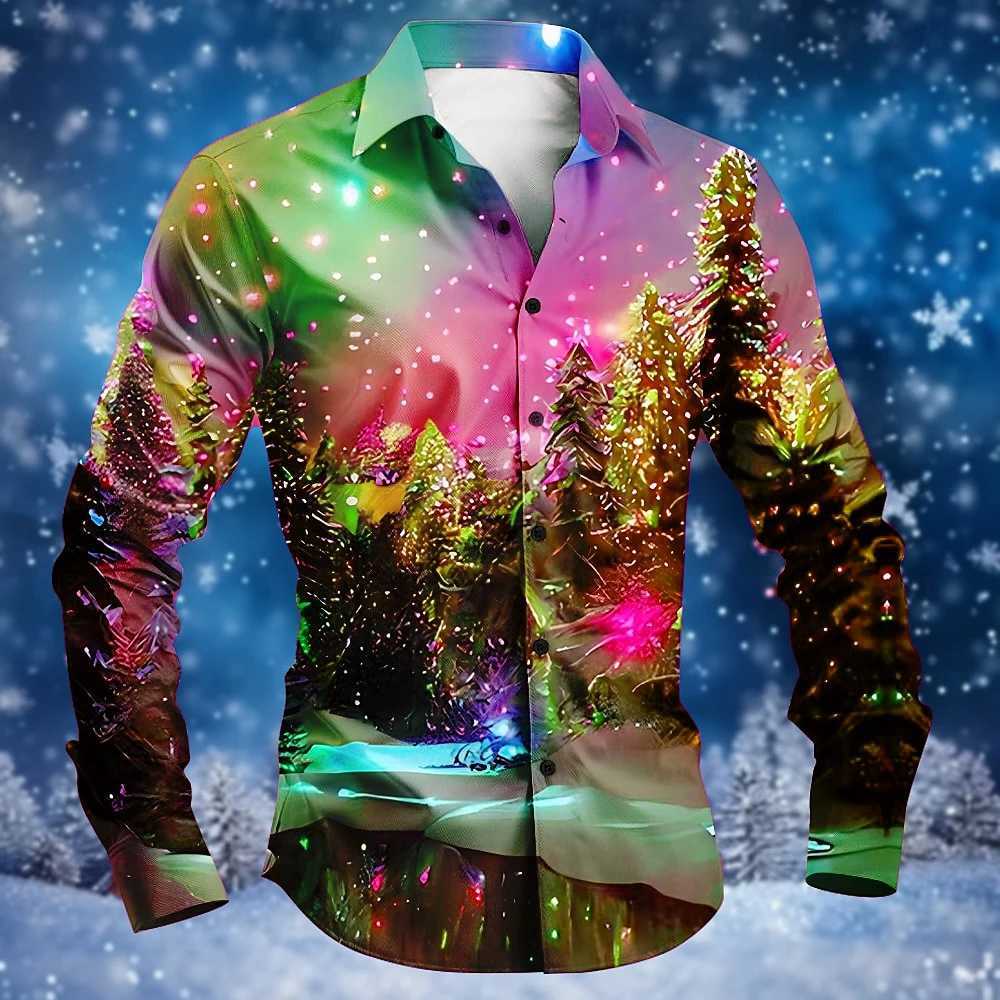 Christmas shirt long sleeved high-end mens shirt fashionable daily street under the aurora forest 3D printing cool hot sellingXJ250121