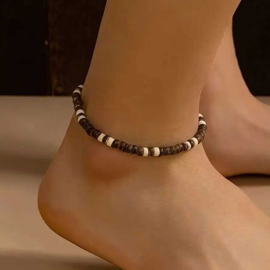 KunJoe Vintage Brown Wood Beads Anklets Chain for Men Ethnic Coconut Husk Foot Chain Summer Ankle Accories Male Trend JewelryXJ250121