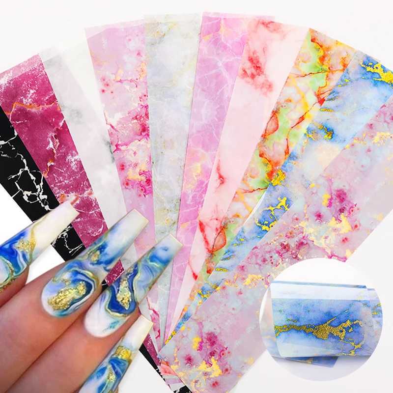 10Pcs/Bag Marble Nail Art Transfer Foil Sticker Flower French Tip Wraps Adhesive Decals Nails Decoration Manicures AccessoriesXJ250120
