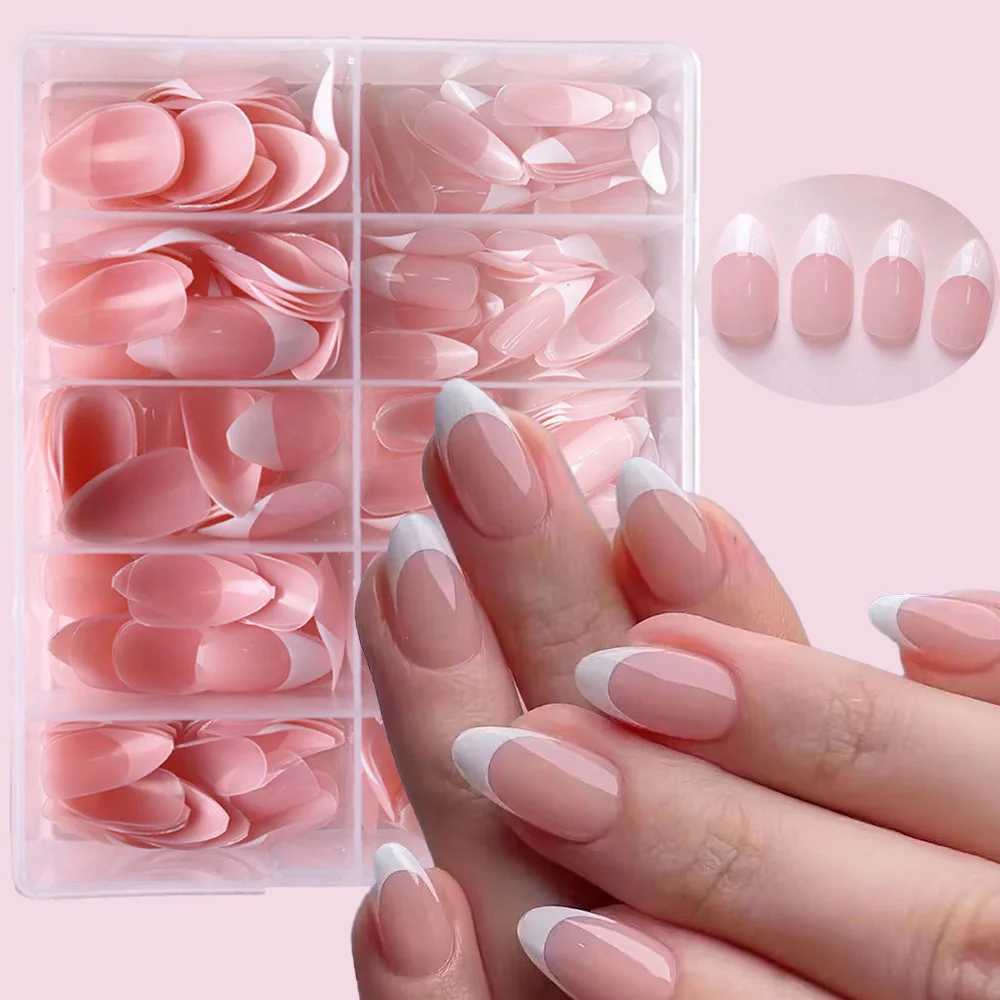 360pcs/box gloss soft gel pink French nail tip medium almond white simple press nail 10 mesh large capacity false nail* W250120