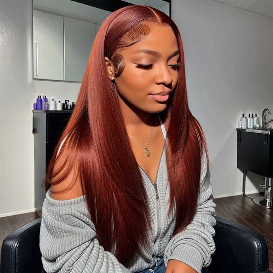 #33 Brown Reddish Straight Hair Bundles With Frontal Brazilian Human Hair Weave Bundles With HD Clo Ombre Colored 3/4 BundleXJ250120