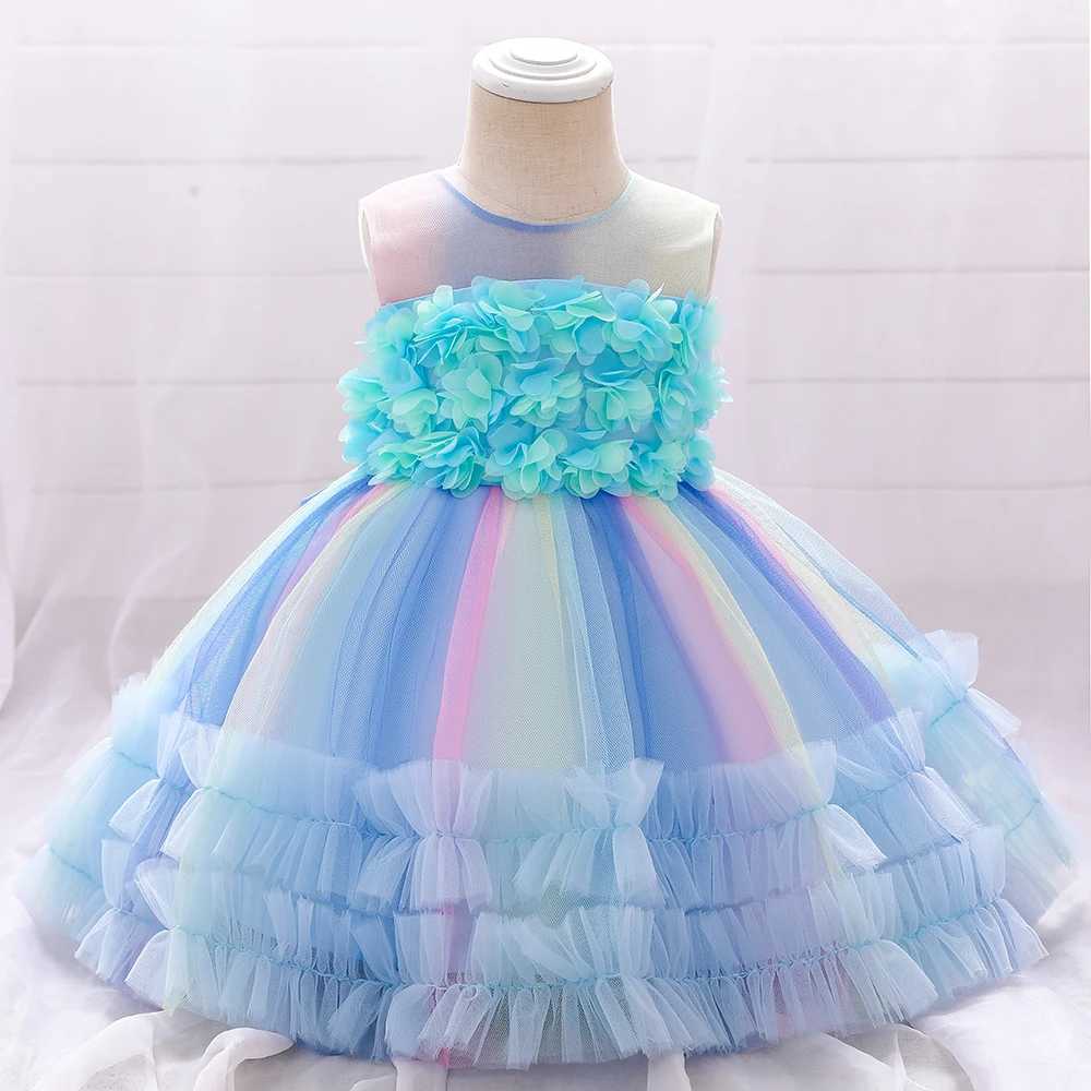 Pink Colorful Cake Flower 1 Years Birthday Dress For Baby Girl Clothing Baptism Lace Princess Dresses Party Wedding Formal Dress X250203